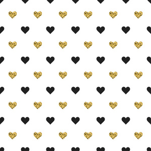 无缝模式与黑色和金色的心脏形状。情人节矢量插图。背景