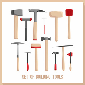 套建筑工具。建筑工具图标设置。平面设计符号。施工工具，建筑工具隔离。锤子 斧子