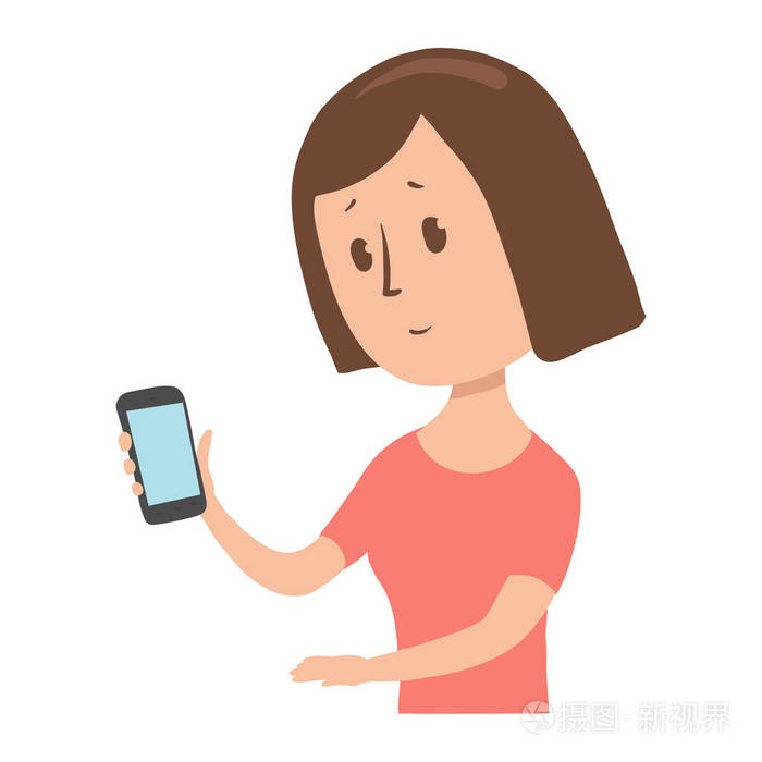 她手里拿着智能手机卡通人物矢量插图.白色背景上的隔离图像.平面样式