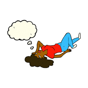 卡通女人躺在地板上,思想泡泡照片