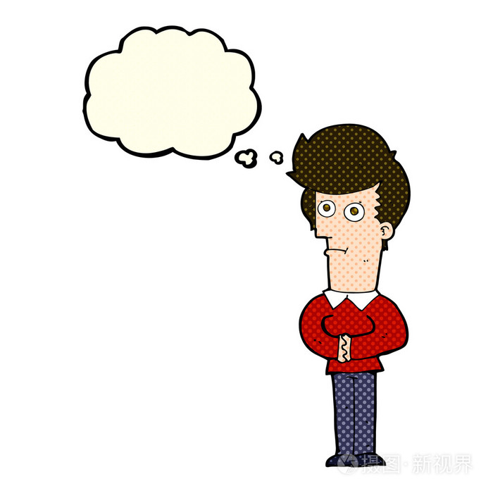 卡通漫画的人盯着思想泡泡