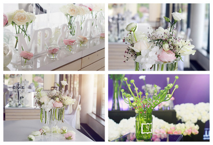 拼贴花朵婚礼餐桌装饰套。粉红色白色玫瑰 牡丹 花毛茛花