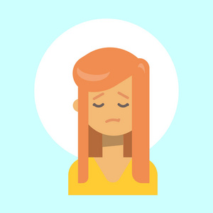 女性的悲伤情绪配置文件图标，女人卡通肖像脸
