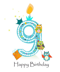 女孩贺卡与可爱童话矢量背景甜 coala 熊和数字九, 生日快乐, 周年