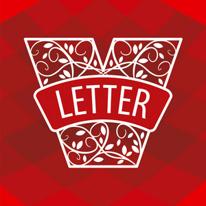 logo设计稿带红色的背景上的植物装饰的 logo 字母 v照片