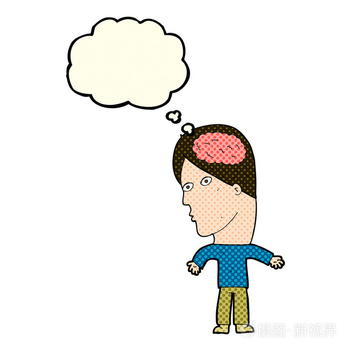 卡通漫画有思想泡沫符号的大脑的人