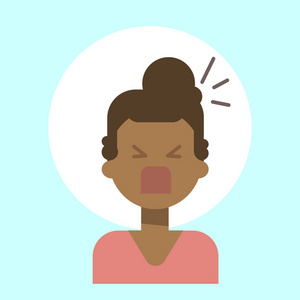 非洲裔美国女性尖叫情感配置文件图标，女人卡通肖像脸