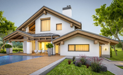 木屋风格3d 渲染的木屋风格现代舒适的家照片