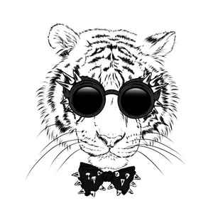 戴着眼镜，一条领带与荆棘的美丽老虎。一张明信片或海报矢量图