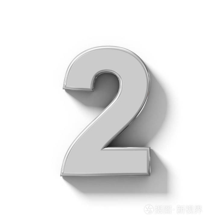 数字2 3d 在白色的银隔离与阴影正交公关