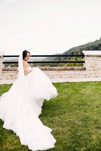 美丽的新娘在优雅的白色礼服摆在公园
