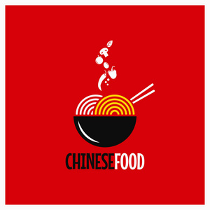 中国食品标识。红色背景的中国面条或面食