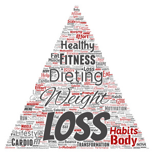 概念减肥健康饮食转换三角形箭头词云孤立背景。健身动机生活方式的拼贴, 锻炼前后苗条的身体美容概念