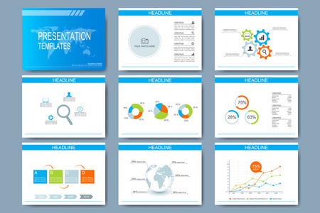 蓝色多用途的演示文稿幻灯片的矢量模板集。现代商业平面设计的图形和图表。小叶营销广告