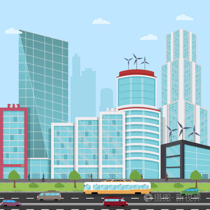 现代城市道路上的摩天大楼, 商人, 无人机, 商人, 板, 飞天车