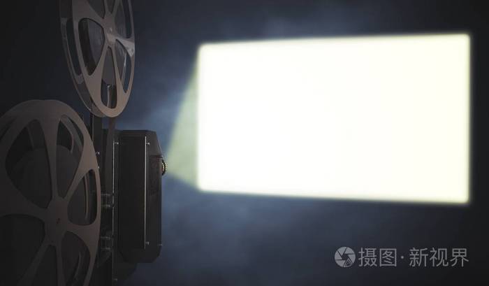 老式电影放映机投射在墙上的空白屏幕上3dr