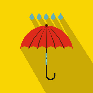 小红伞和雨滴下的图标，平面样式