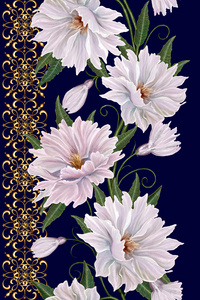 垂直的花卉边框。模式，无缝。老金的风格，边境，黄金马赛克。白色和粉色大丽花的花花环