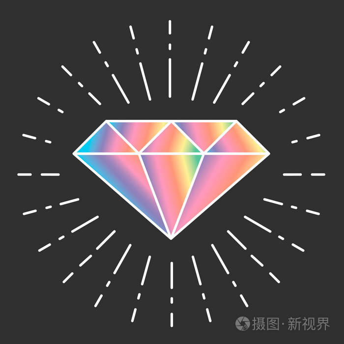 卡通矢量钻石图标彩虹颜色深色背景上孤立.光辉的宝石