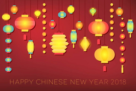 快乐中国新年2018横幅与闪耀明亮的纸灯笼红色背景