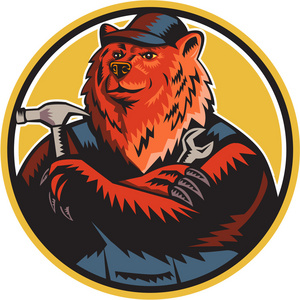 俄罗斯熊建筑工手工圆木刻照片