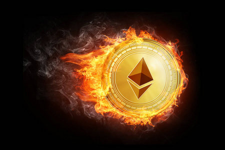 金色的 ethereum 硬币在火焰中飞翔