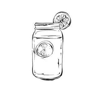 手绘矢量抽象艺术烹调墨水素描插图热带柠檬水摇饮在玻璃梅森罐子隔离