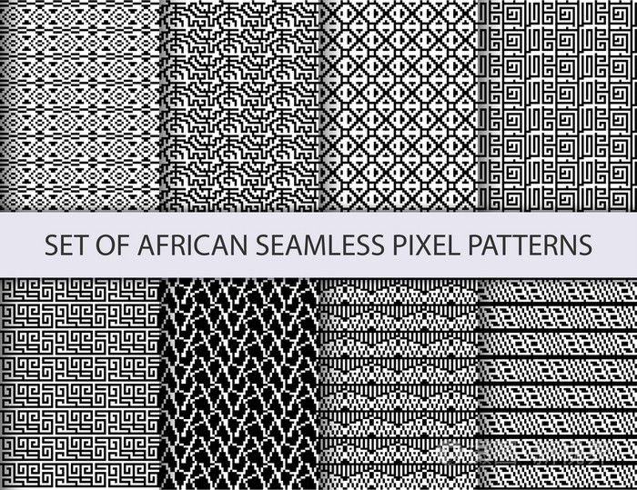 像素无缝模式与非洲的民族和部落饰品集合