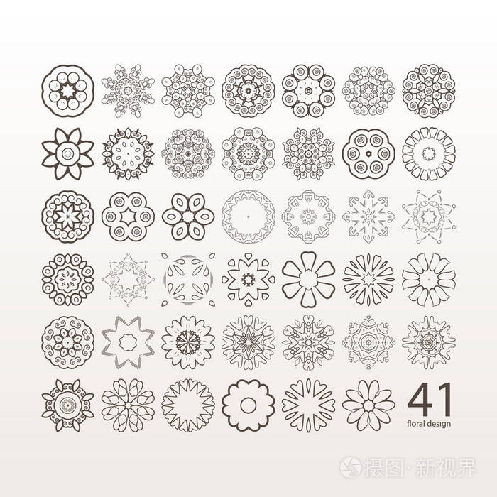 一组圆形花元素.圆的几何装饰套.矢量曼荼罗.