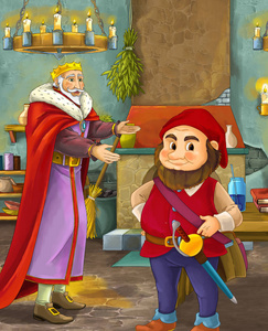 卡通场景与快乐的国王站在厨房, 并与儿童的侏儒插画交谈照片