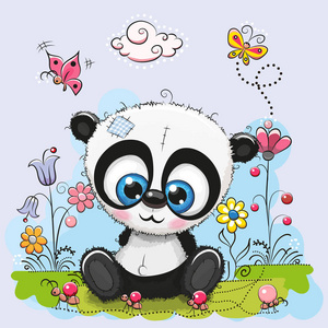 可爱的卡通熊猫与花朵和蝴蝶图片