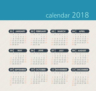 2018 年的日历。周从星期日开始