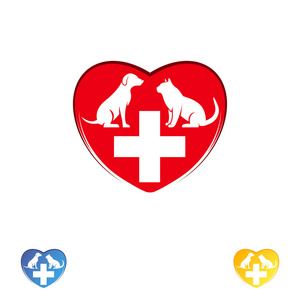 标志兽医诊所宠物护理.狗和猫在心脏.矢量徽标模板照片