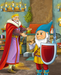 卡通场景与快乐的国王站在厨房, 并与儿童的侏儒插画交谈