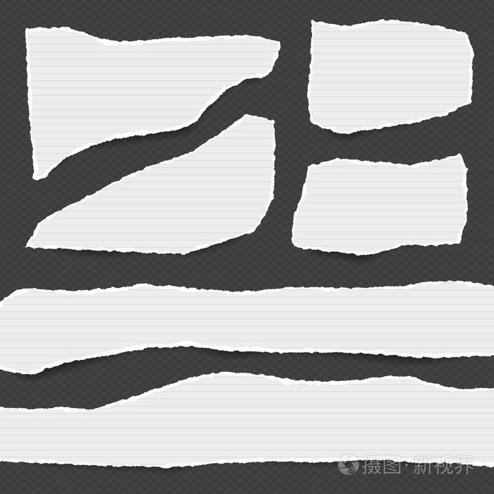 撕成碎片的白色衬里的纸条, 笔记本纸条贴在黑色的平方背景插画-正版