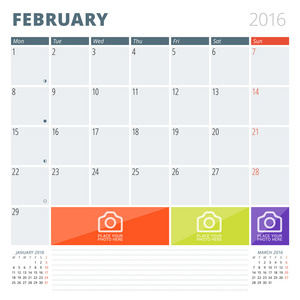 与地方为照片和笔记的日历计划 2016年设计模板。2 月。每周从星期一开始