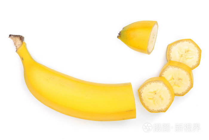 香蕉切片在白色背景上隔离。顶部视图。平躺照片-正版商用图片0erpmm-摄图新视界
