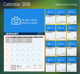 2016年日历。 矢量设计打印模板