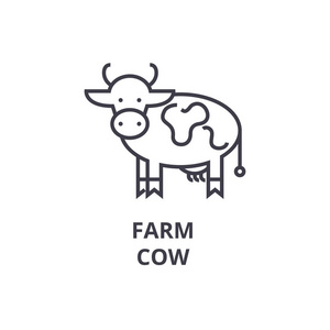农场奶牛线图标, 轮廓符号, 线性符号, 向量, 平面图