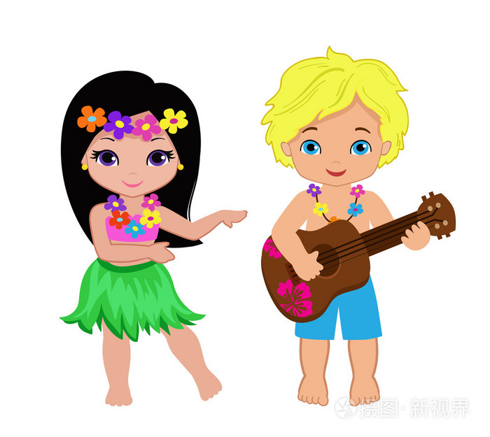 男孩玩吉他和夏威夷女孩草裙舞的插图插画-正版商用图片0ervg2-摄图新