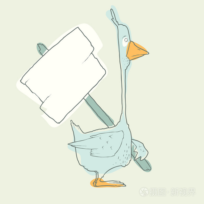 卡通人物鹅与木制海报在白色背景上的分离.矢量