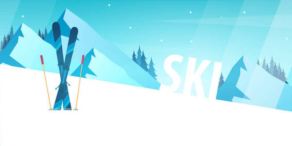 冬季运动。滑雪和滑雪板。山风景。矢量插图