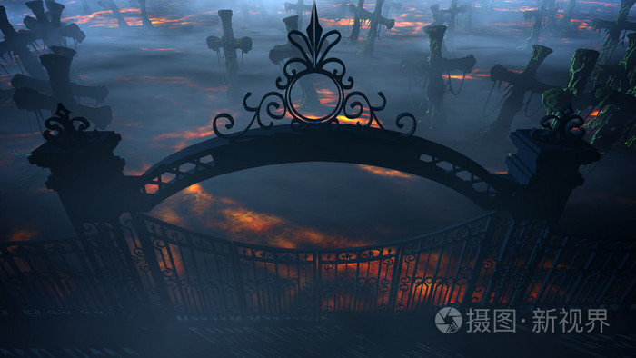 恐怖夜晚公墓,严重.月光.万圣节的概念.3d 渲染