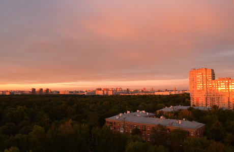 在夕阳下闪闪发光的城市风景