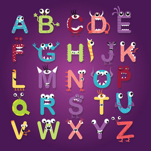 字母字体怪物字符有趣的孩子们有趣的颜色全字母 abc 设计矢量图