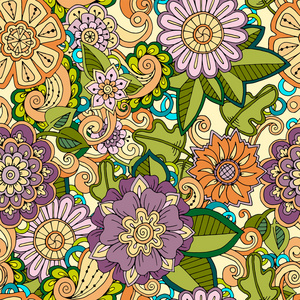 彩色无缝手绘图案与抽象的花朵和l照片