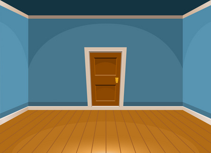 门框走廊卡通平空房,有一扇蓝色的门. 矢量插图照片