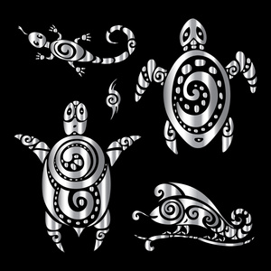 乌龟和蜥蜴。玻利尼西亚人纹身风格