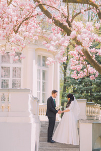 新娘和新郎在鲜花盛开的楼梯上浪漫地交谈