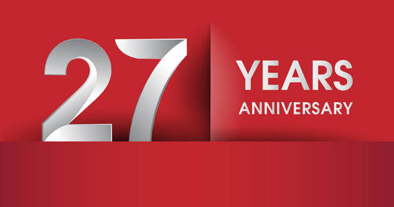 27周年纪念庆祝标志, 平面设计在红色背景隔绝了, 媒介元素为横幅邀请卡片和生日党